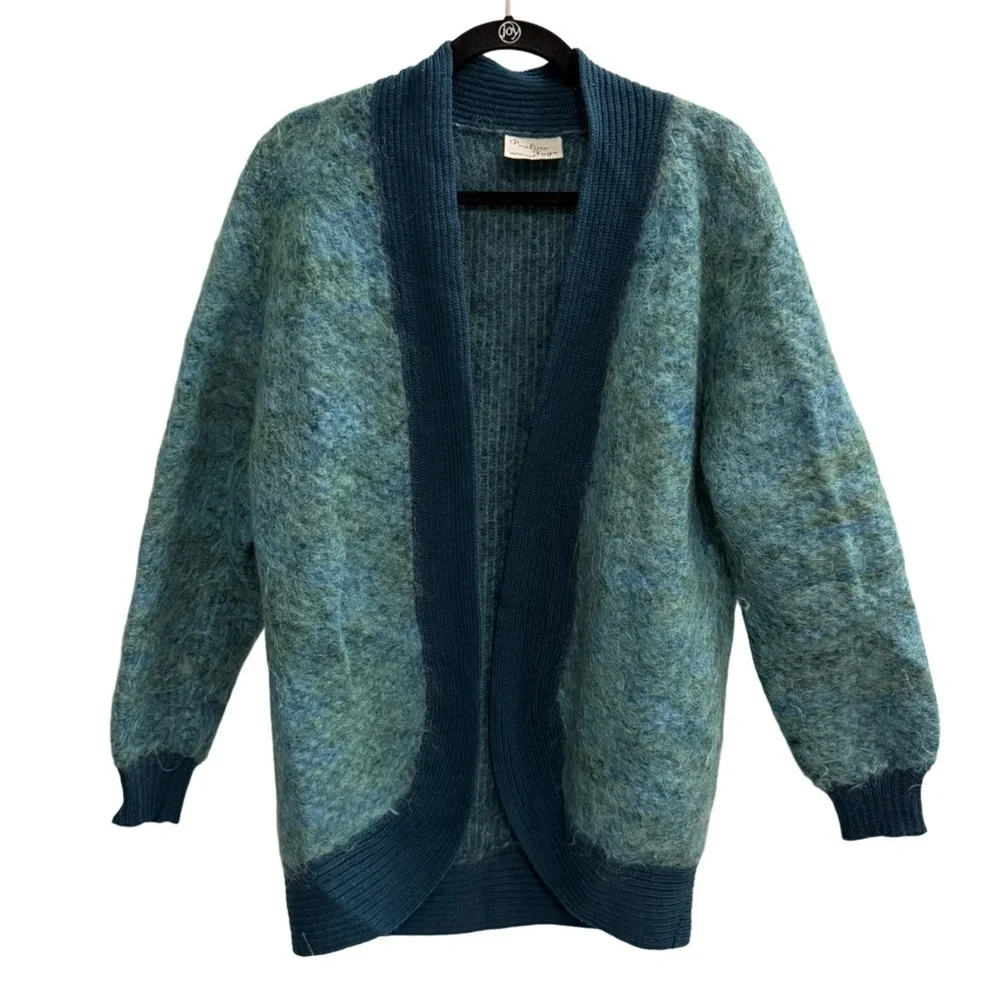 Vintage Pauline Faye Mohair Wool Cardigan Green Blue Size Large - Picture 1 of 9